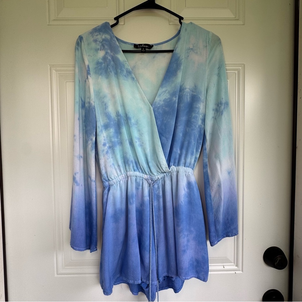 Lulus Romper Women Small Blue Tie Dye Long Sleeve Boho Festival - Picture 2 of 13